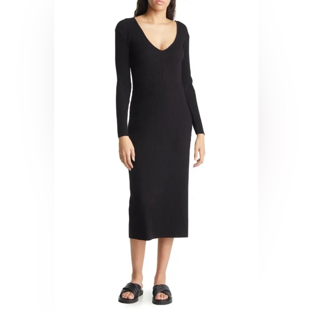 VINCE Black Ribbed V Neck L/S Dress XXS